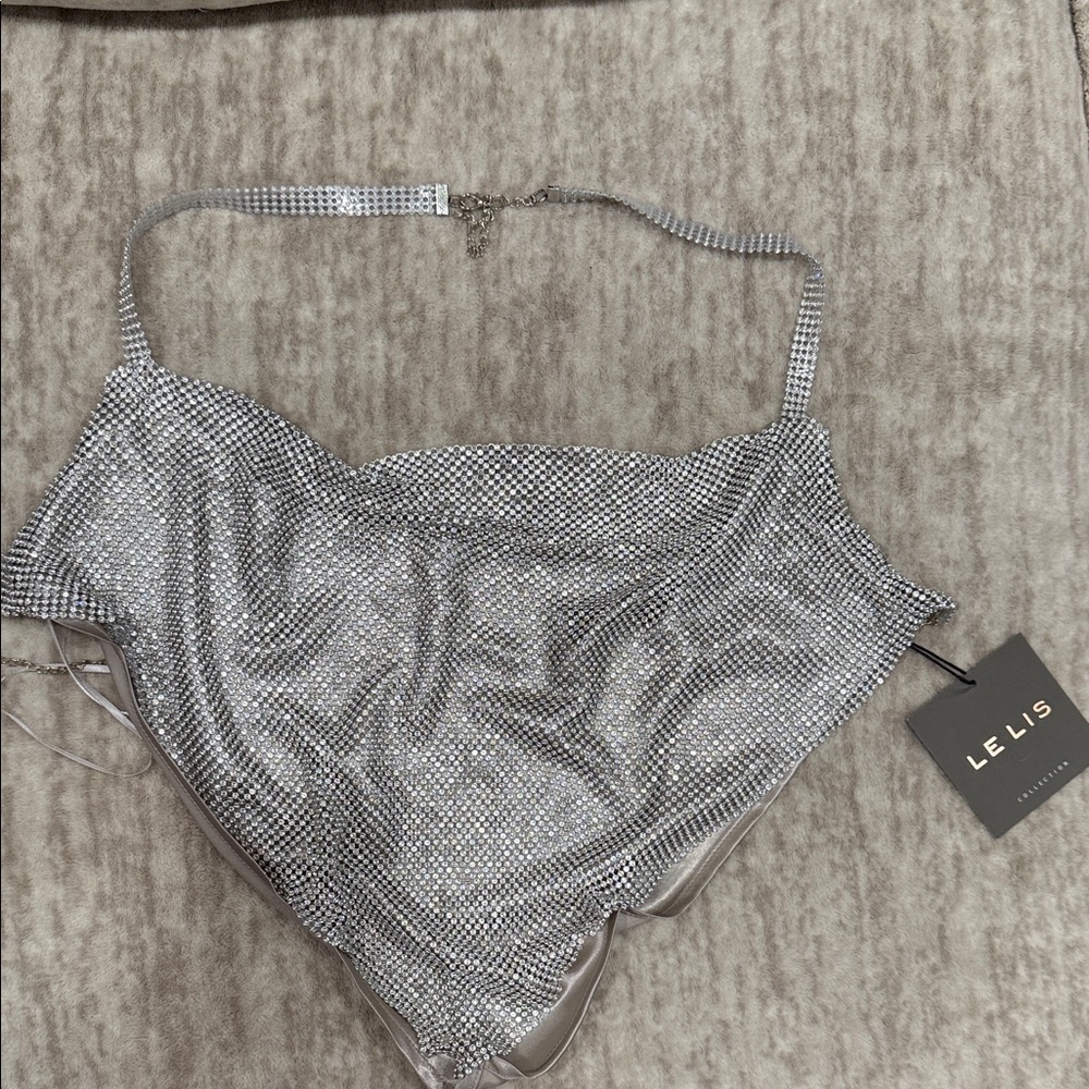Le Lis Sparkling Silver Halter Open-Back Top